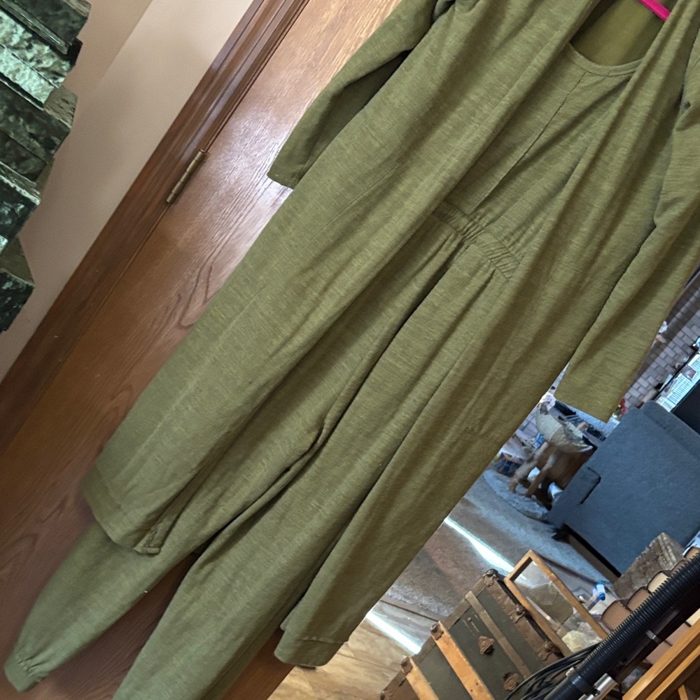 Free People beach Olive Green sleeveless Jumpsuit and cardigan